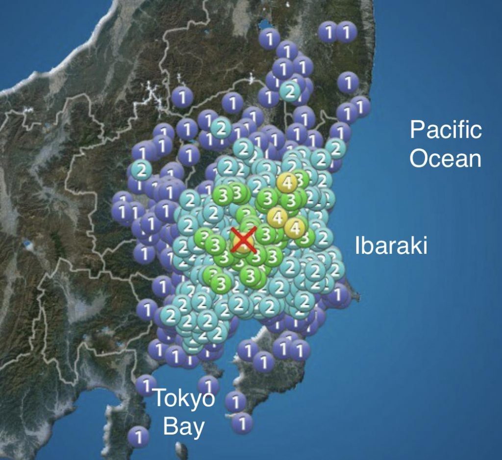 Ibaraki prefecture was shaken by a moderate earthquake today at the scale of 4 Shindo, Japanese scale. (Weather News photo courtesy)