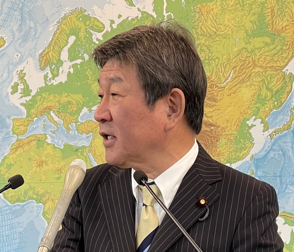 Japan's FM Motegi replies to a question at a press conference at the ministry building in Tokyo on Tuesday. (ANJ Photo)