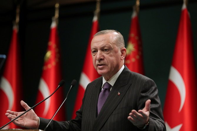 Turkish President Tayyip Erdogan speaks during a news conference following a cabinet meeting in Ankara, Turkey, December 14, 2020. (Presidential Press Office via Reuters)