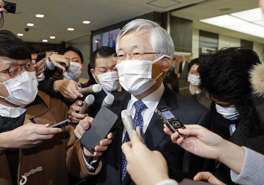 South Korean ambassador to Japan Nam Gwan-pyo (C) speaks to the media after being summoned to the Foreign Ministry in Tokyo on January 8, 2021, as Tokyo denounced a South Korean court ruling ordering the Japanese government to pay compensation to twelve World War II comfort women. (AFP)