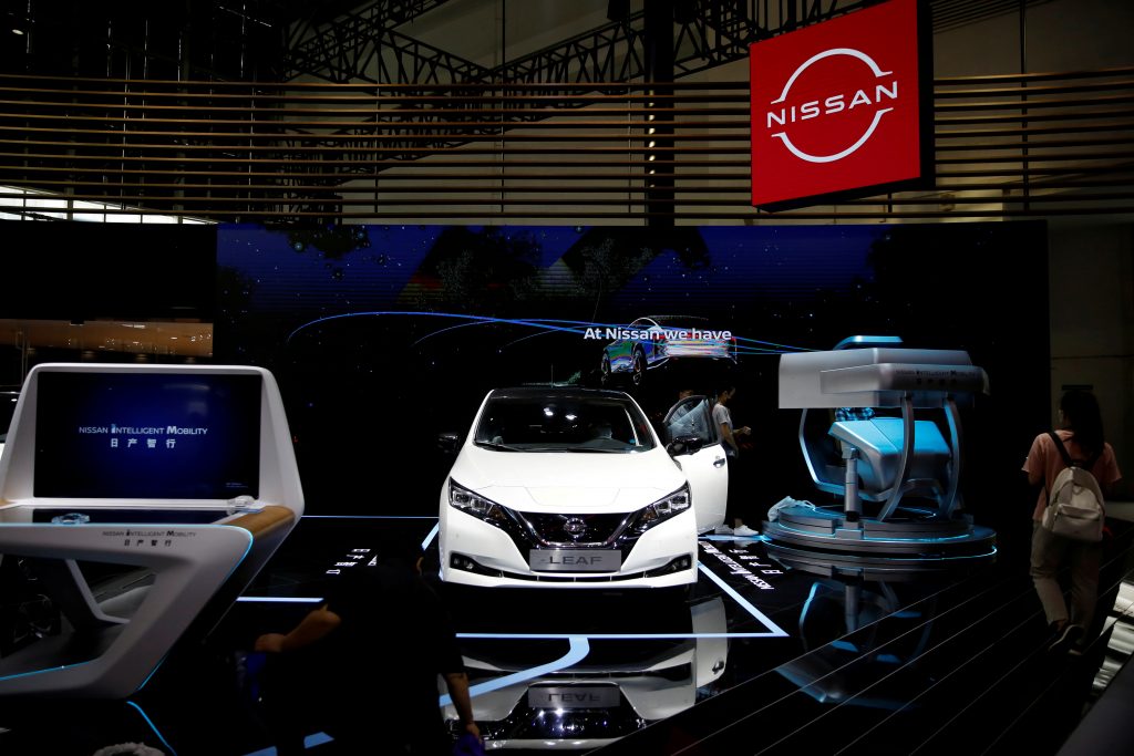 FILE PHOTO: Nissan's electric vehicle (EV) Leaf is displayed at the Nissan's booth at the Beijing International Automotive Exhibition, or Auto China show, in Beijing, China September 27, 2020. REUTERS