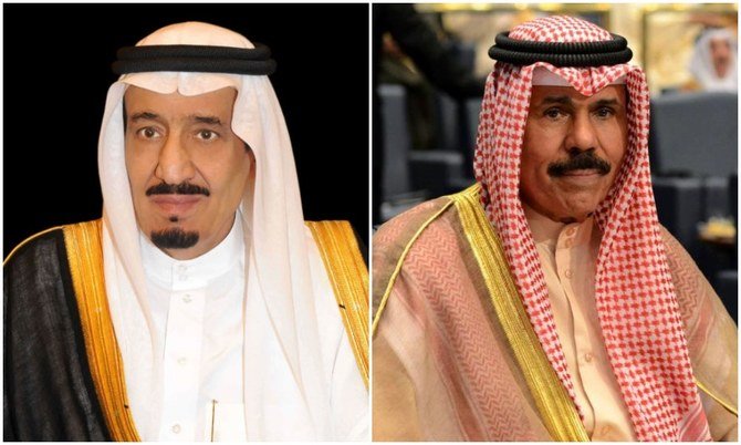Saudi Arabia’s King Salman (L) and Kuwait’s Emir Sheikh Nawaf Al-Ahmed Al-Jaber Al-Sabah exchanged letters discussing bilateral relations. (File/SPA and AP)