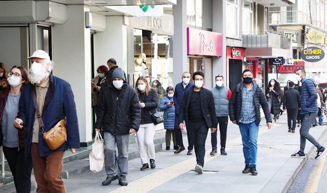 People wearing protective face masks walk in a shopping street in Ankara, Turkey on January 4, 2021, amid the Covid-19 pandemic. (AFP)