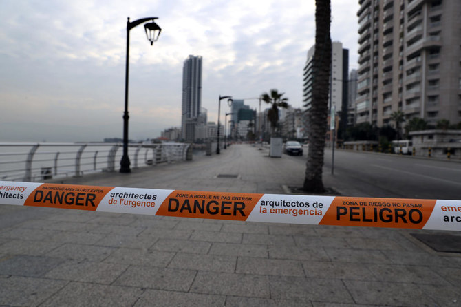 A view of Beirut's waterfront promenade sits deserted as Lebanon starts a new lockdown amid a record post-holiday surge of new coronavirus cases on Thursday, Jan. 7, 2021. (AP)