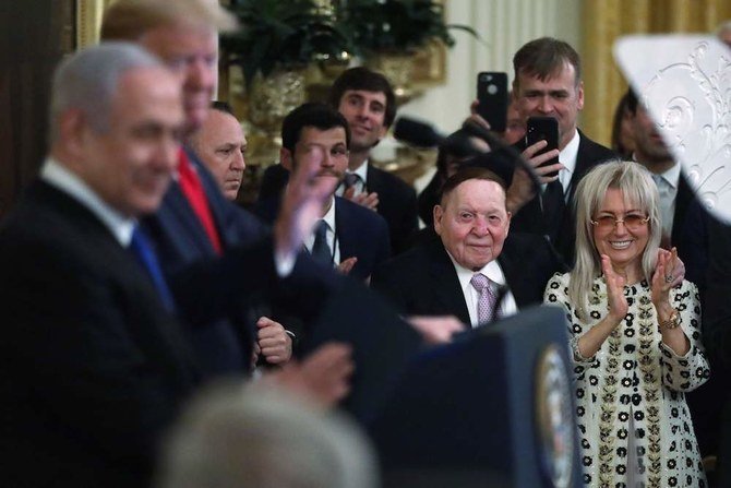 Donald Trump, Benjamin Netanyahu, Founder, Chairman and CEO of Las Vegas Sands Sheldon Adelson, center, and his wife Miriam Ochsorn, White House, Jan. 28, 2020, Washington, D.C. (AFP)