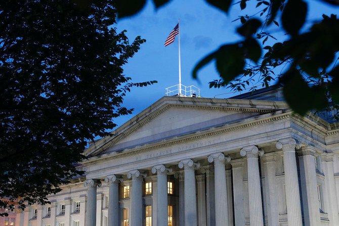 This Thursday, June 6, 2019 file photo shows the U.S. Treasury Department building at dusk in Washington. (AP)