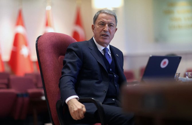 Turkish National Defence Minister Hulusi Akar gives a press conference at the ministry in Ankara on Jan. 13, 2021. (AFP)