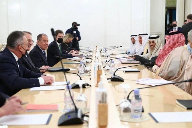 Saudi Arabia’s Foreign Minister Prince Faisal bin Farhan held a joint press conference with his Russian counterpart, Sergey Lavrov, in Moscow during an official visit to Russia on Jan. 14 2021. (SPA)