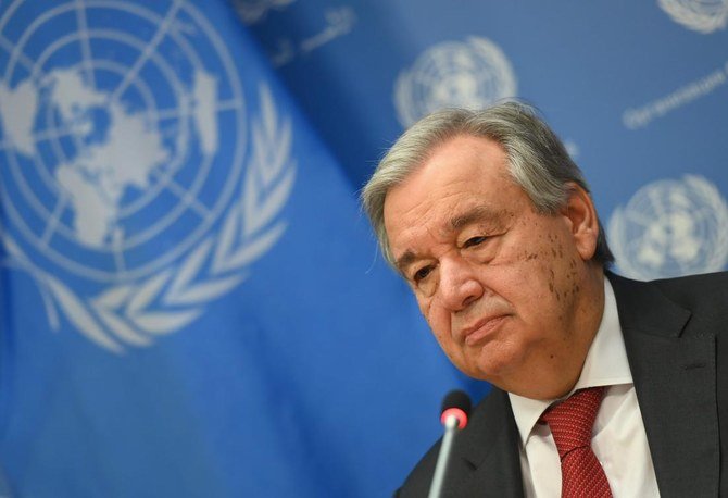 In this file photo taken on February 04, 2020 United Nations Secretary General Antonio Guterres speaks during a press briefing at United Nations Headquarters in New York City. UN Secretary-General Antonio Guterres will run for a second five-year term as the organization’s chief, his spokesman Stephane Dujarric said on January 11, 2021. (AFP)