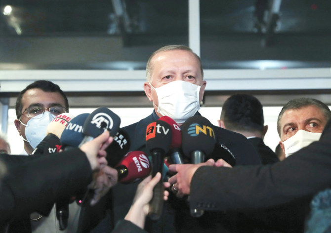 Turkey’s President Recep Tayyip Erdogan speaks to the media after receiving the vaccine for COVID-19 in Ankara, on Thursday. (AP)