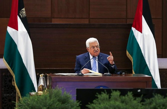 Palestinian president Mahmud Abbas speaks in the West Bank's Ramallah on September 3, 2020, as he meets by video conference with representatives of Palestinian factions gathered at the Palestinian embassy in Beirut in rare talks on how to respond to such accords and to a Middle East peace plan announced by Washington this year. (File/AFP)
