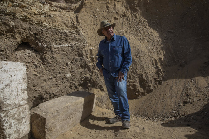 Egyptian archaeologist Zahi Hawass stands at the excavation site of the funerary temple of Queen Nearit on Sunday, Jan. 17, 2021, in Saqqara, south of Cairo, Egypt. (AP)