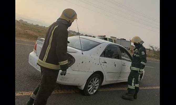 Three people were injured and a vehicle was damaged by flying shrapnel after the Houthi militia in Yemen launched a missile that fell on Saudi Arabia's southwestern Jazan region. (SPA)