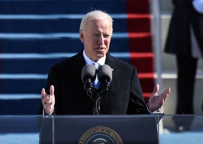 US President Joe Biden delivers his inauguration speech on January 20, 2021, at the US Capitol in Washington, DC. Biden was sworn in as the 46th president of the US. (AFP)