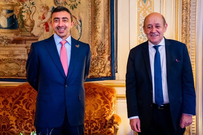 Sheikh Abdullah bin Zayed and Jean-Yves Le Drian discussed several issues from the Middle East during talks in Paris. (WAM)