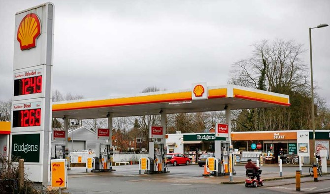 A general views of a Shell petrol station is pictured in Farnborough, 40 miles southwest of London on March 10, 2020. (AFP)