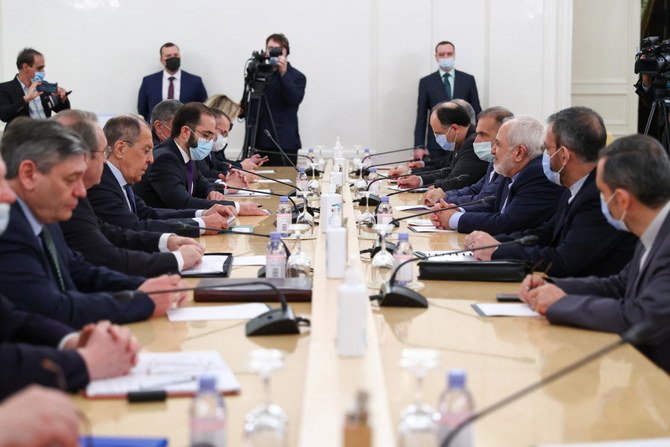Russia’s Foreign Minister Sergei Lavrov and Iran’s Foreign Minister Mohammad Javad Zarif during a meeting in Moscow on Jan. 26, 2021. (Russian Foreign Ministry via Reuters)