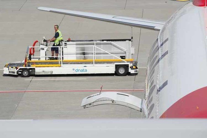 A mobile conveyor of air services provider DNATA is seen at Zurich airport, Switzerland April 16, 2019. Picture taken April 16, 2019. (Reuters)