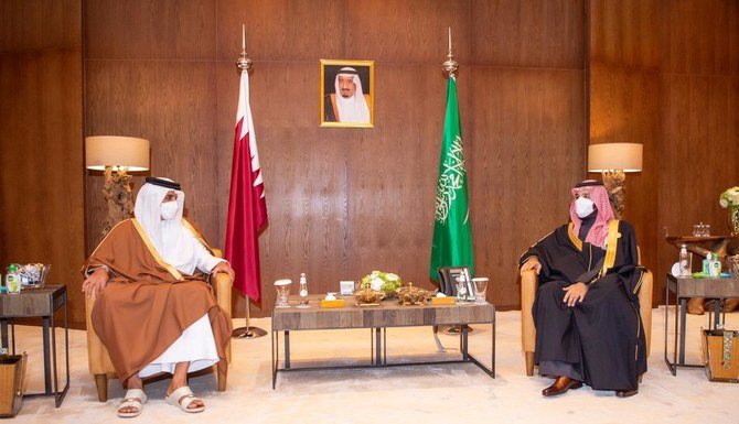 Saudi Crown Prince Mohammed bin Salman held a meeting with Qatar’s Emir Sheikh Tamim bin Hamad Al-Thani at the Maraya Hall in the historic city of Al-Ula. (SPA)