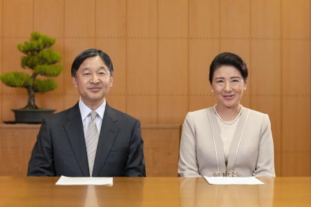 In this photo provided by the Imperial Household Agency of Japan, Japan's Emperor Naruhito and his wife Empress Masako, speak for their New Year video message at their Akasaka Estate residence in Tokyo, on Dec. 28, 2020. (The Imperial Household Agency of Japan via AP)