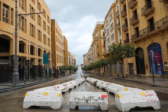 A picture taken on Jan. 17, 2021 shows an empty street in the downtown district of Lebanese capital Beirut. Authorities in Lebanon have imposed a tight lockdown with residents barred even from grocery shopping and forced to rely on food deliveries as the country battles to slow spiking novel coronavirus cases. (AFP)