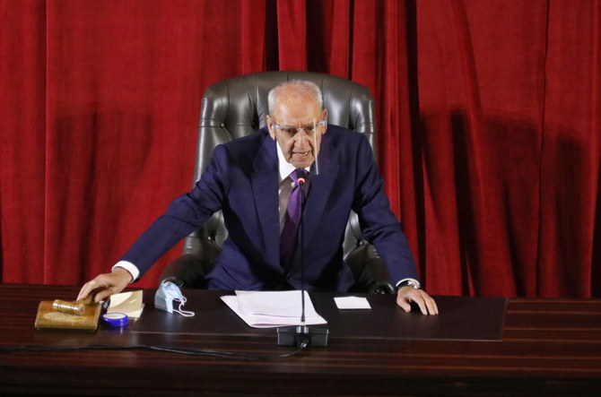 Lebanese Parliament Speaker Nabih Berri heads a legislative session, as Lebanon's parliament approved a law that paves the way for the government to ink deals for coronavirus vaccinations, at UNESCO Palace in Beirut, Lebanon January 15, 2021. (Reuters)