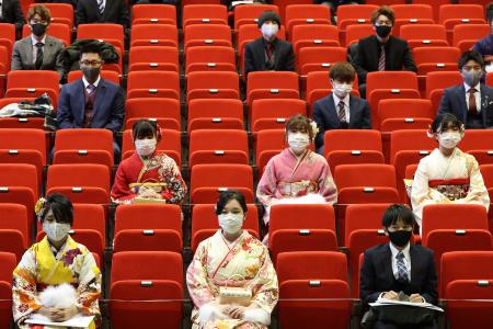 Participants sit with social distancing as a preventive measure against the Covid-19 coronavirus during a coming-of-age ceremony in Namie, Fukushima Prefecture on January 9, 2021. (AFP)