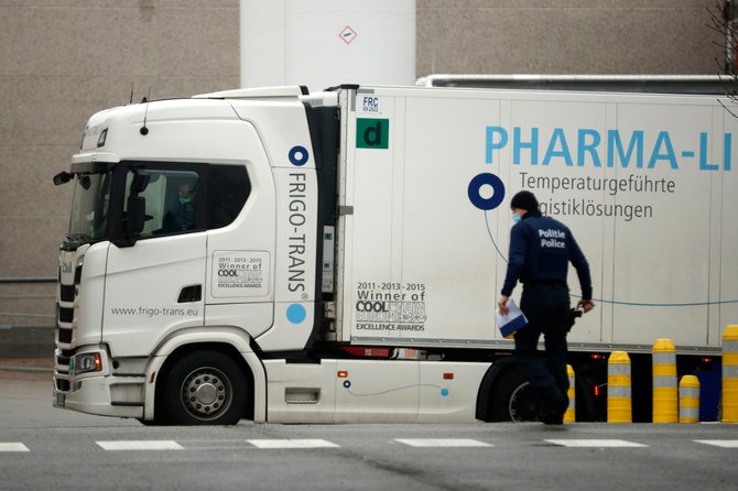 A refrigerator truck leaves the loading bays at the Pfizer Manufacturing plant in Puurs, Belgium. (AP)