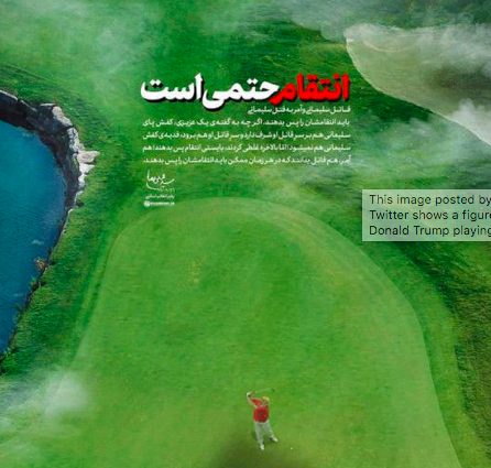 This image posted by Ayatollah Khamanei on Twitter shows a figure of former US President Donald Trump playing golf. (Twitter photo)