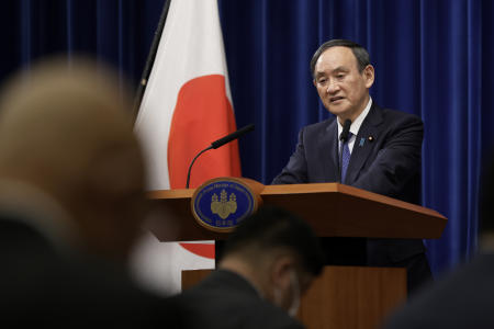 Japan's Prime Minister Yoshihide Suga speaks during a news conference at the prime minister's official residence in Tokyo, Thursday, Jan. 7, 2021. (AP)