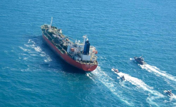 The South Korean-flagged tanker after it was seized by Iran's IRGC navy in the Strait of Hormuz. (AFP)