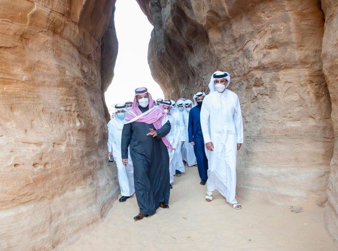 Saudi Crown Prince Mohammed bin Salman gave Qatar’s Emir Sheikh Tamim bin Hamad Al-Thani a tour around the historic city of AlUla on Tuesday. (Supplied)