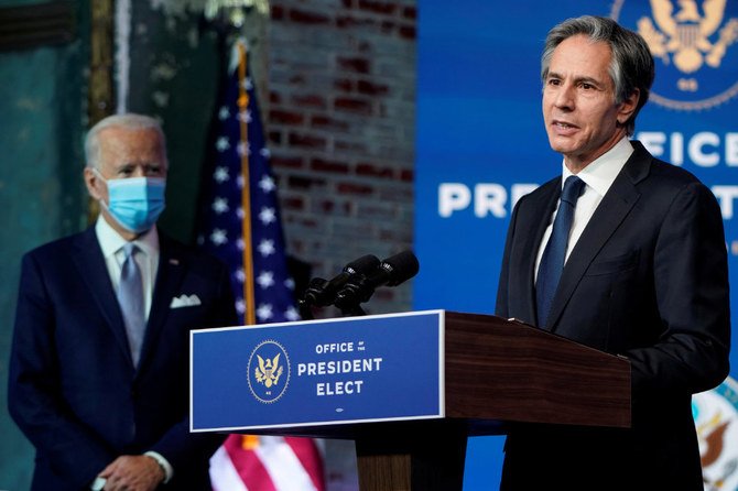 Antony Blinken, US President-elect Joe Biden's nominee for secretary of state, speaks as Biden announces his national security nominees and appointees at his transition headquarters in Wilmington, Delaware, on November 24, 2020. (REUTERS/Joshua Roberts/File Photo)