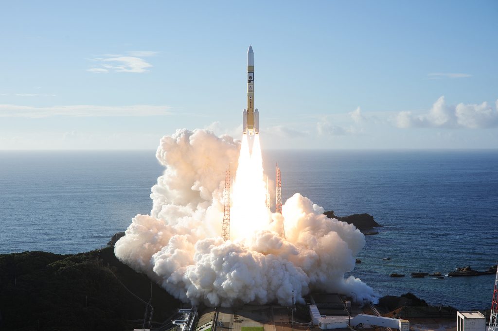 In this handout photograph taken and released on July 20, 2020 by Mitsubishi Heavy Industries an H-2A rocket carrying the Hope Probe known as 