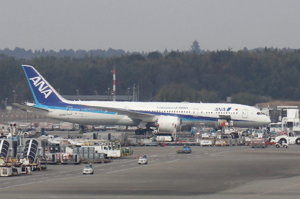 An All Nippon Airways (ANA) cargo plane unloads its cargo of the first batch of the coronavirus vaccine developed by US pharmaceutical giant Pfizer Inc., at Narita Airport, in Chiba Prefecture on February 12, 2021. (AFP)