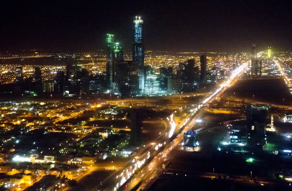 The skyline of Riyadh, Saudi Arabia, March 28, 2014, is seen at night in this aerial photograph from a helicopter. (AFP)