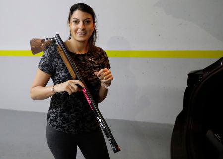 Lebanese trap shooter Ray Bassil is pictured during a training session for this summer's Olympics in her underground parking in Sahel Alma near the coastal city of Jounieh, north of the capital Beirut, on February 5, 2021. (AFP)