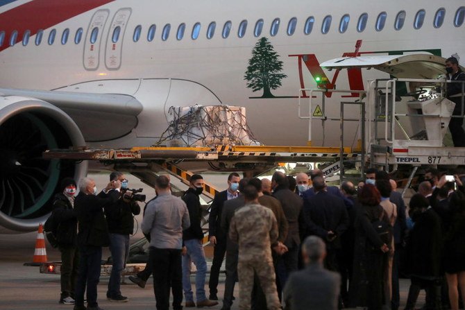 The first batch of the shipment of the Pfizer/BioNTech vaccine against COVID-19 is unloaded from a plane at Beirut International Airport, Lebanon February 13, 2021. (Reuters)