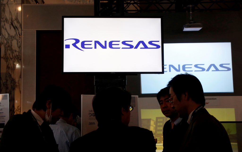 Renesas Electronics Corp's logos are pictured at the company's conference in Tokyo, Japan, April. 11, 2017. (File photo/Reuters)