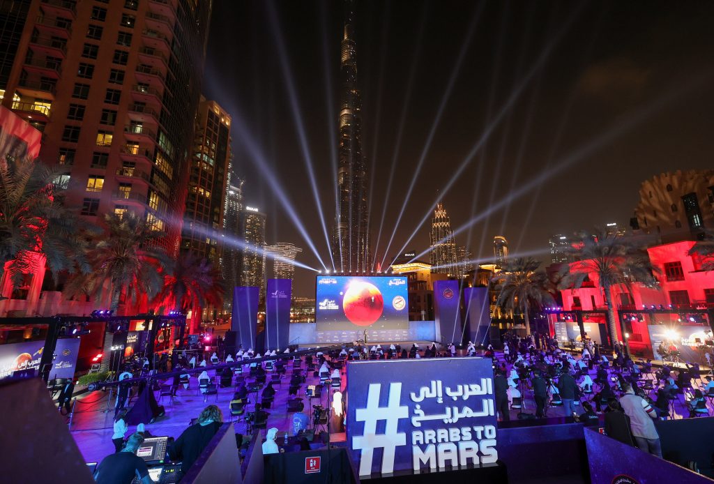 A general view of an event to mark Hope Probe's entering the orbit of Mars, with Burj Khalifa in the background, in Dubai, United Arab Emirates, February 9, 2021. REUTERS/Christopher Pike