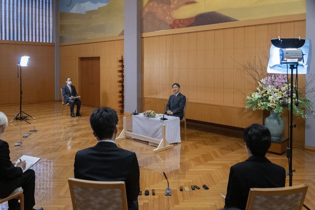 Japan's Emperor Naruhito speaks during a press conference on the occasion of his 61st birthday on February 23 at Akasaka Palace in Tokyo. (File photo/The Imperial Household Agency of Japan via AP)