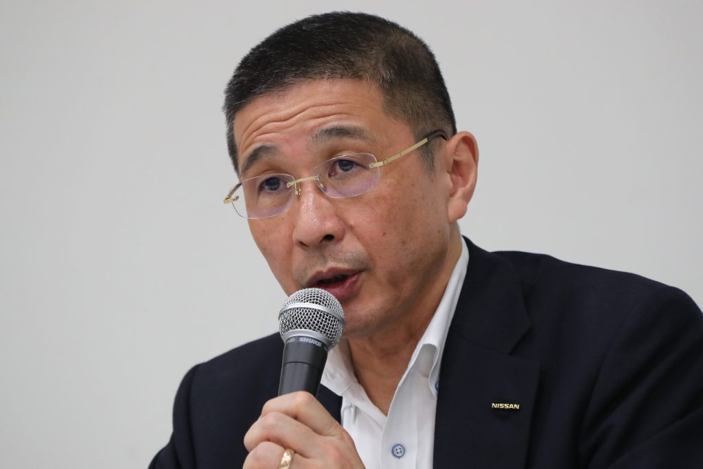 In this Sept. 9, 2019, file photo, then Nissan Chief Executive Hiroto Saikawa speaks during a press conference in the automaker's headquarters in Yokohama, near Tokyo. (AFP)