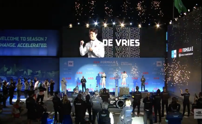 Nyck de Vries of Mercedes-Benz won the first leg of a historic Diriyah E-Prix double-header to become the first driver to ever win a Formula E race taking place at night. (Screenshot/FIA Formula E)