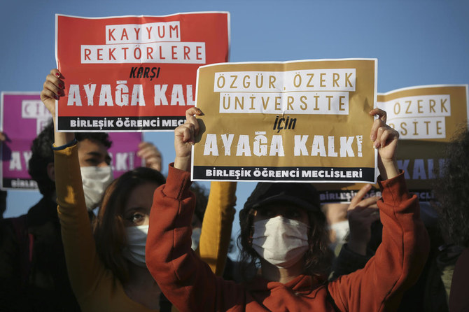 Tensions flared this week after a group of students were arrested over a poster, which was displayed at Bogazici University. (AP)