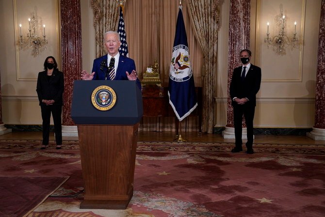 US Vice President Kamala Harris and Secretary of State Antony Blinken listen as President Joe Biden delivers a speech on foreign policy, at the State Department on Thursday. (AP)