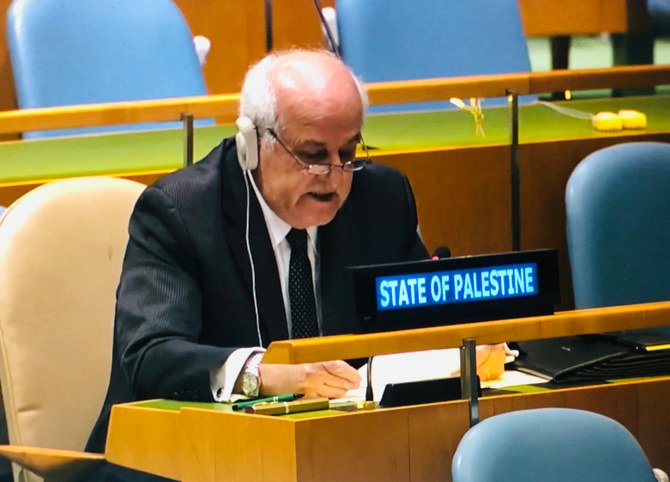 Riyad Mansour, the Palestinian envoy to the UN, addressing the UN’s Committee on the Exercise of the Inalienable Rights of the Palestinian People (CEIRPP) on Thursday. (Palestinian UN Mission via Twitter)