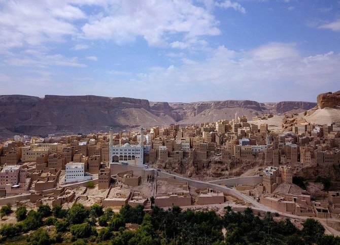 An aerial picture taken on October 20, 2020, shows a view of al-Hajrayn village in Dawan directorate, in Yemen's central Hadramawt governorate. (File/AFP)