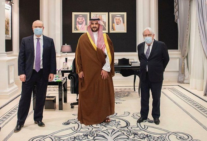 Prince Khalid bin Salman receives UN Special Envoy for Yemen Martin Griffiths and US Special Envoy to Yemen Tim Lenderking. (SPA)