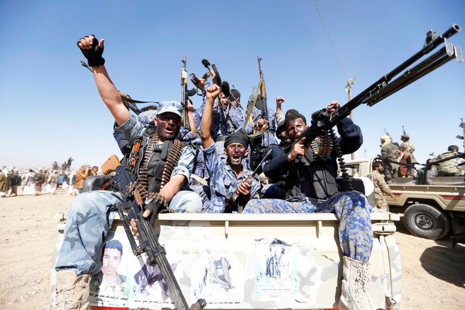 Newly recruited Houthi fighters during a gathering in January in the capital Sanaa to mobilize more fighters to battlefronts to fight pro-government forces in several Yemeni cities. AFP