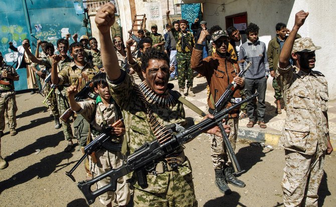 Newly recruited Houthi fighters during a gathering in January in the capital Sanaa to mobilize more fighters to battlefronts to fight pro-government forces in several Yemeni cities. AFP